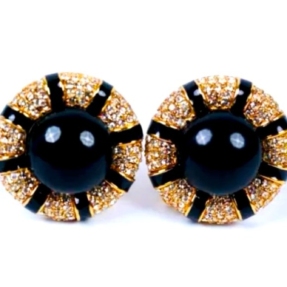 Ciner Large Vintage Gold Tone Black Enamel & Crystal Earrings - Picture 3 of 8